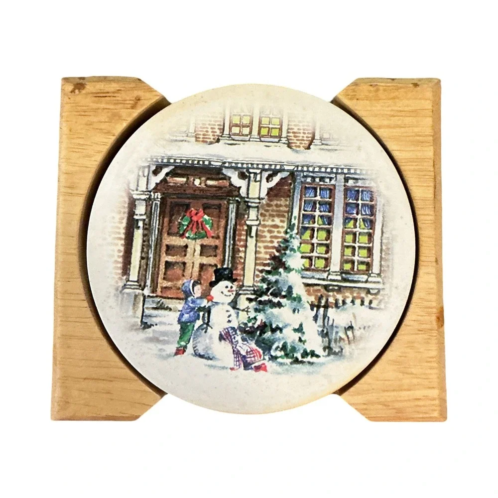 Vintage Christmas Snowman Stone Coasters Set of 4 Wood Holder 4 Inch Round